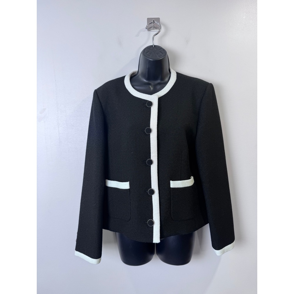 Sanna New York Women Black White Contrast Trim Textured Knit Blazer Jacket OS